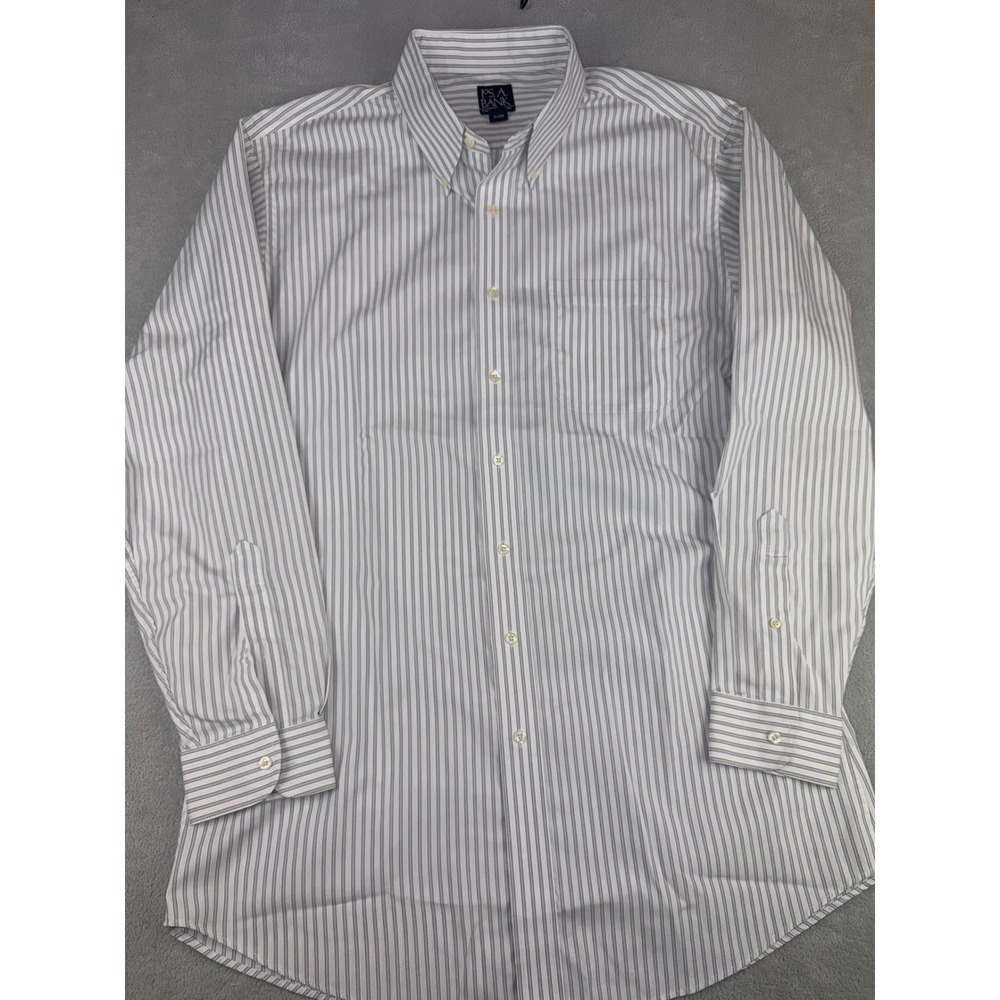 Jos A Bank Travelers Collection‎ Shirt Mens 17.5X36 Tailored Grey White Stripe